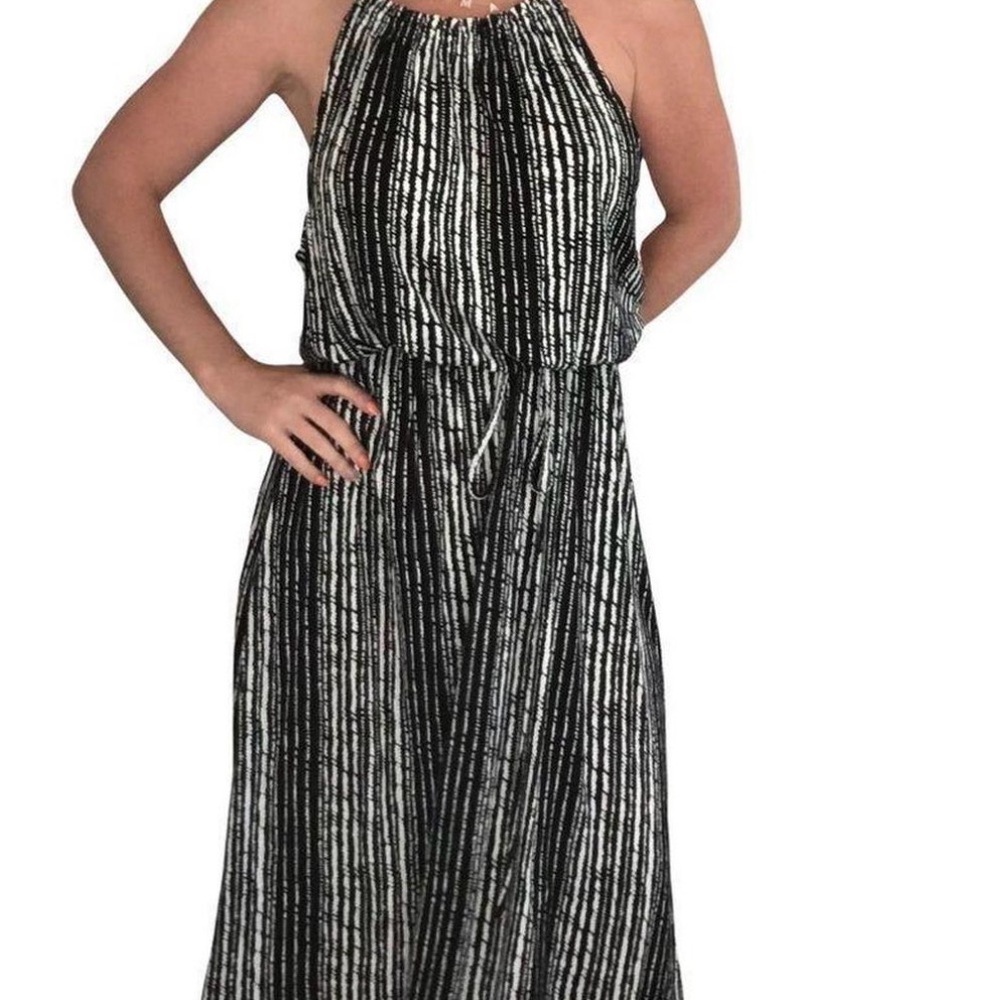 LOFT Black & White Striped Halter Maxi Dress